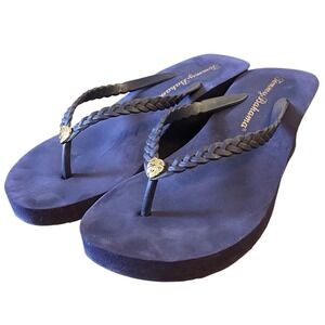 Tommy Bahama Womens Sz 7 Pineapple Wedge Flip Flop Sandal Navy Blue Beach Summer